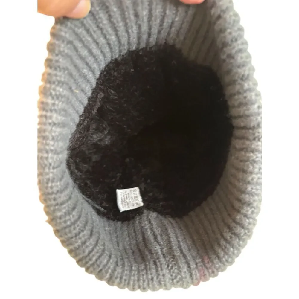 LA Valentina Gray Smiley Pom Beanie. Faux Fur Lined.